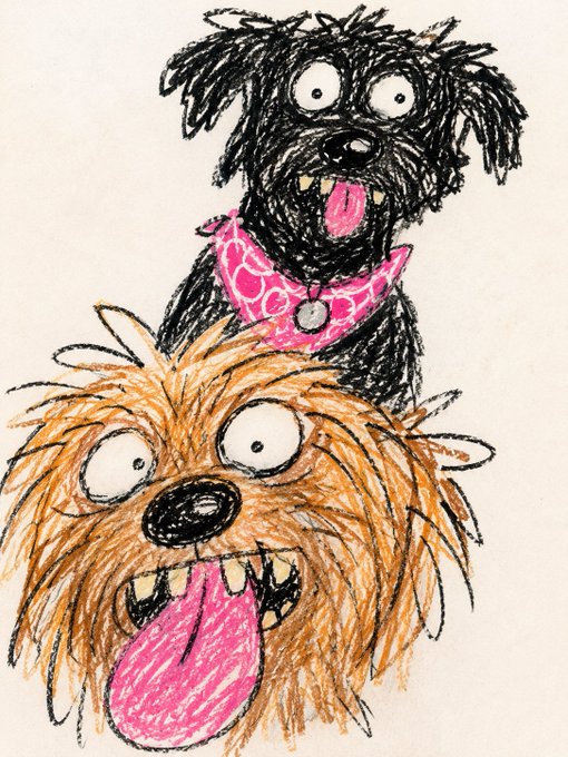 A colorful hand-drawn illustration depicts two shaggy dogs with wide eyes and tongues hanging out, one black with a pink bandana and one brown.