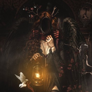 A dark, gothic-style digital artwork of a figure with long dark hair, black feathered wings, and red clawed hands holding an old-fashioned lantern, with their face obscured by a black void; a white dove flies nearby amidst dark, atmospheric surroundings.