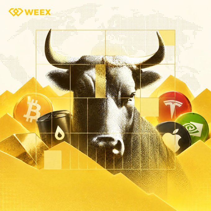 A promotional graphic for WEEX exchange featuring a stylized bull with Bitcoin, oil barrel, Tesla, and Nvidia logos, with a golden world map and pyramid background.