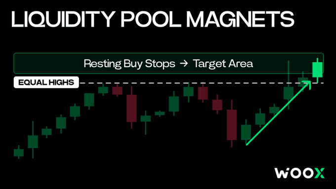 A trading chart titled 'LIQUIDITY POOL MAGNETS' with the WooX logo illustrates a concept labeled 'Resting Buy Stops -> Target Area' near equal highs.