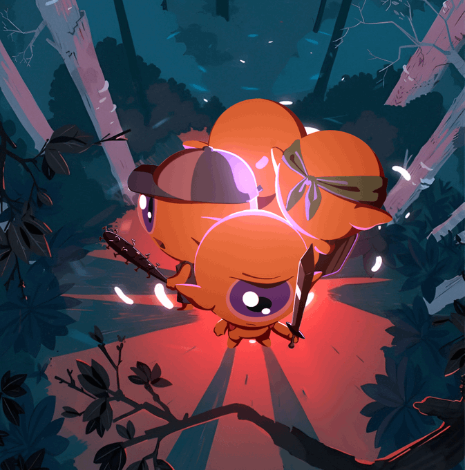 The image shows three orange, round, creature-like characters with large purple eyes in a dark forest setting, each holding weapons—a chainsaw, an axe, and a spiked club—with glowing particles around them.

The illustration appears to be concept art or a preview for the upcoming PFP (profile picture) collection reveal mentioned in the post, showcasing the unique character designs that will be featured in the Genesis adventure launch.