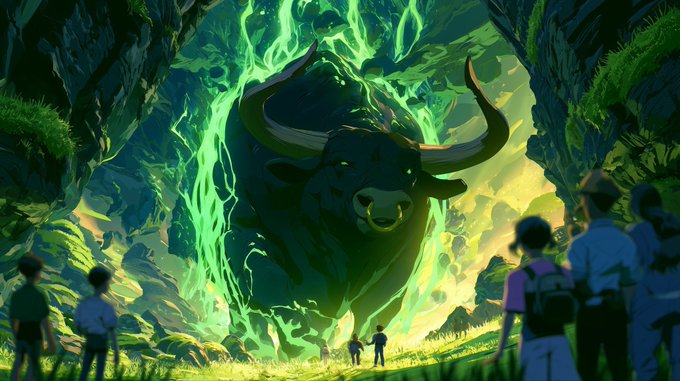 A massive, glowing green spectral bull with large horns emerges from a cave portal, towering over a small group of onlookers in the foreground. The image's bullish imagery ties to the post's reference to a "$ANSEM airdrop," symbolizing a powerful market surge or opportunity that dwarfs its observers.