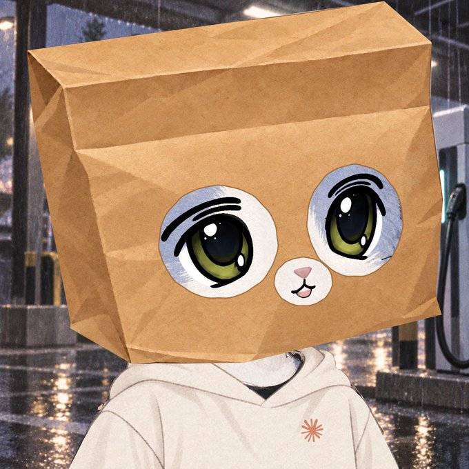A cartoon cat wearing a brown paper bag over its head and a cream-colored hoodie stands in a rainy urban street, featuring green anime-style eyes and a smiling mouth with a pink tongue. The image represents a Stonk Cats NFT, which just sold for 6.69 SOL ($767 USD) on Magic Eden, with the masked cat embodying the playful, meme-like character of the Stonk Cats collection (#0790).