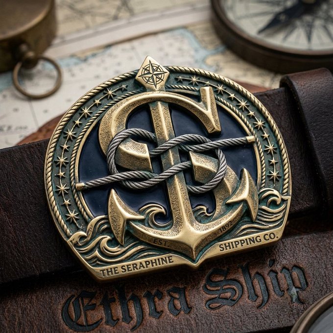 A detailed brass belt buckle featuring an ornate anchor wrapped in rope, compass star, and waves, inscribed with "THE SERAPHINE," "EST. 1837," and "SHIPPING CO.," rests on leather branded with "Ethra Ship" — symbolizing the real-world maritime heritage and tangible asset backing that the post argues sets Ethra Ship apart from typical speculative RWA token projects.