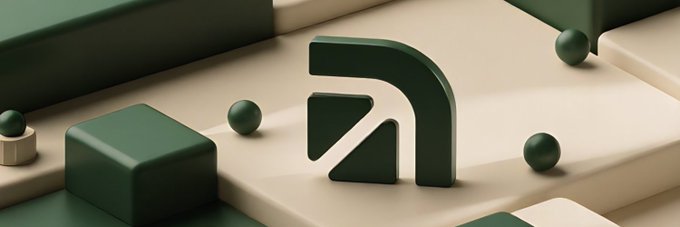 A 3D rendered graphic featuring a dark green stylized 'A' logo on a beige surface, accompanied by green spheres and cubes.