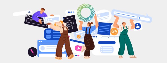 An illustration of three people collaborating around various digital interface elements, including chat bubbles, browsers, and profile icons, symbolizing teamwork and system maintenance. The accompanying post announces a protocol update and architectural upgrade for the ATM protocol by @342Games, scheduled for August 18 at 18:00 UTC, with the release set for August 20.