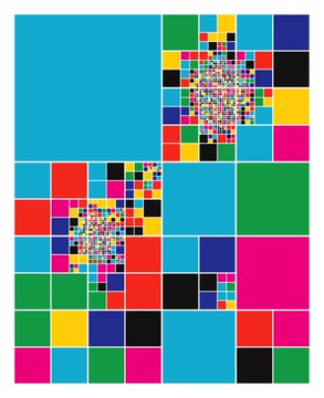 A colorful geometric artwork featuring nested squares in vibrant primary and secondary colors arranged in a fractal-like pattern.
