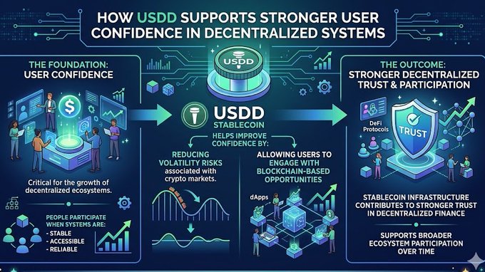 The image features a blue infograph depicting the process of user confidence being built within an ecosystem using decentralized systems such as blockchain technology. The infographic shows two different stages representing users who have found stability and trust, with one stage having four people while the other has three individuals. The post emphasizes that user confidence is essential for successful participation in these types of ecosystems.