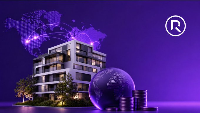 A purple-themed promotional graphic featuring a modern apartment building, a glowing digital globe, stacked coins, and a dotted world map with connecting lines, alongside an 'R' logo in the corner, suggesting real estate or global investment.