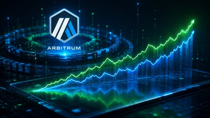 A digital graphic featuring the Arbitrum blockchain logo above an upward-trending line chart in green and blue against a dark technological background.