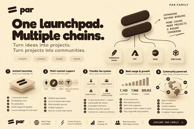 The image is a promotional infographic for PAR.Family, titled "One launchpad. Multiple chains. Turn ideas into projects. Turn projects into communities," highlighting features like direct Uniswap V4 integration, multi-market support across tokens including ETH, PAR, and USDC, a flexible fee system with a 1% pool fee, and listing 1,143 launches, 7,960 holders, and 205,552 trades across chains such as Robinhood Chain, ARC, BASE, and BNB Chain. 

The infographic supports the post's thesis by positioning PAR not just as a launchpad token but as broader launchpad infrastructure expanding across multiple chains, with its growing ecosystem of users and activity potentially rivaling or surpassing the scale of platforms like Robinhood Chain.