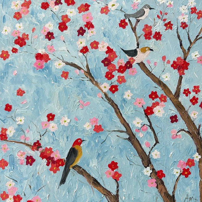 A textured impressionist-style oil painting of three birds perched on branches filled with pink, red, and white blossoms against a light blue sky, signed 'Anis' in the corner.