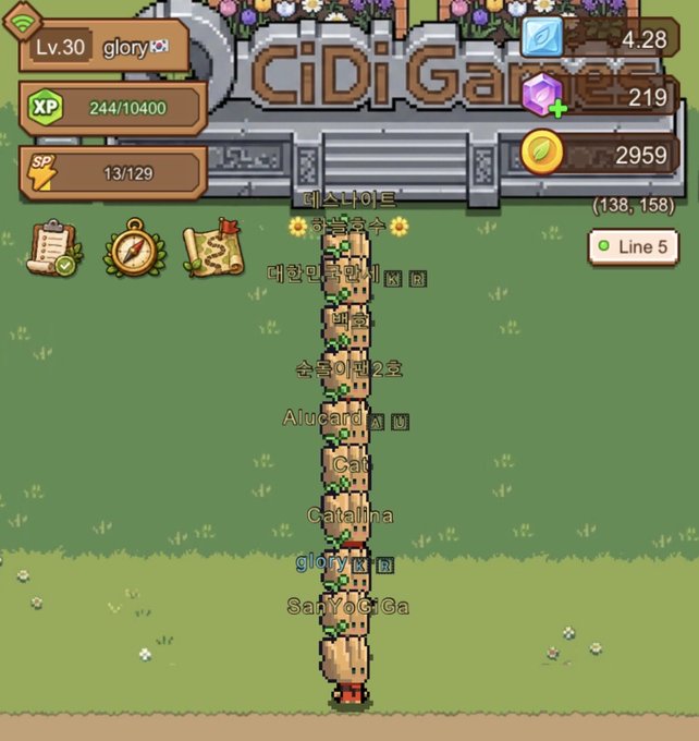 A pixel-art mobile game screen titled 'CiDi Gam' showing a level 30 character named 'glory' with 244/10400 XP, alongside game currencies (4.28 diamonds, 219 purple gems, 2959 gold) and a vertical list of player names in Korean.