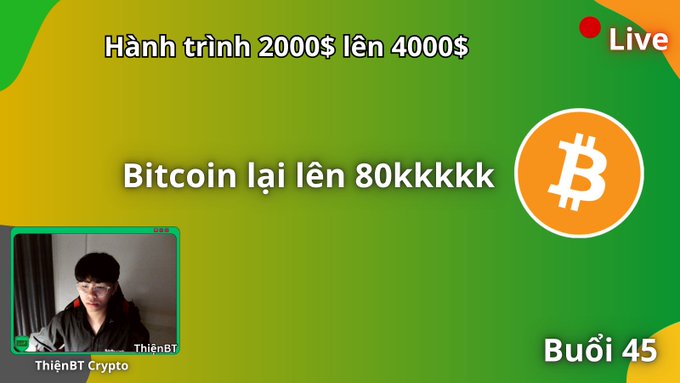 A livestream thumbnail from 'ThiênBT Crypto' featuring Vietnamese text 'Hành trình 2000$ lên 4000$' and 'Bitcoin lại lên 80kkkkk', with a Bitcoin logo, a Live indicator, and 'Buổi 45' label.