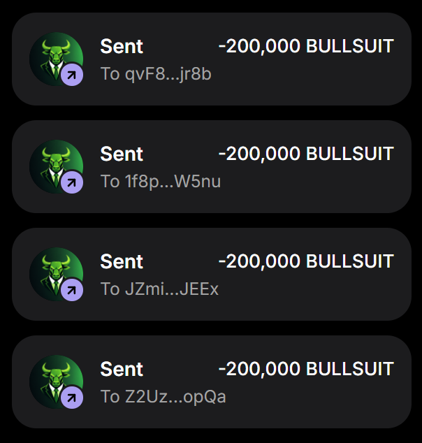 The image shows multiple "Sent" notifications for 200,000 BULLSUIT tokens each, distributed to four different wallet addresses (ending in jr8b, W5nu, JEEx, and opQa), confirming the 200,000 $BULLSUIT airdrop distribution mentioned in the post where users drop their $SOL addresses to receive tokens.