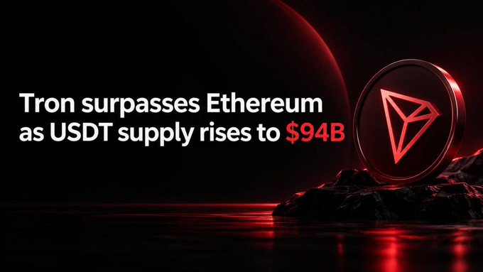 A red-toned cryptocurrency graphic stating 'Tron surpasses Ethereum as USDT supply rises to $94B' next to the TRX coin logo.