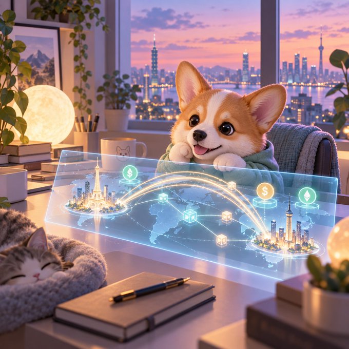 A cute corgi wearing a hoodie sits at a desk looking at a glowing holographic world map showing blockchain connections between Tokyo and New York, with a sleeping kitten nearby and a cityscape at sunset in the background. The image playfully illustrates the post's theme of blockchain becoming invisible to everyday users, as DBS and Citi test weekend USD transfers between Singapore and the US using underlying blockchain infrastructure that end users won't even notice.