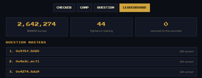 A leaderboard webpage for 'SMESH' showing 2,642,274 $SMESH burned, 44 fighters in training, and 0 returned to the mountain, with a top Question Masters list featuring addresses like 0x9f8f...8020.