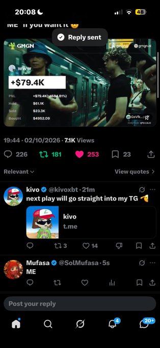 A Twitter/X screenshot shows a GMGN tracking post displaying a token with +$79.4K gains and a +179.4% increase, alongside a reply from user "kivo" (@klvoxbt) stating "next play will go straight into my TG," which appears to be promoting a Telegram channel. The accompanying Solana contract address suggests this is crypto promotional content directing viewers to the linked Telegram group for trading signals.