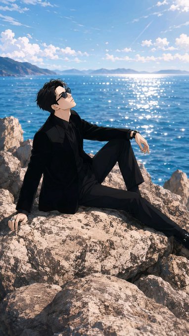 Anime-style illustration of a dark-haired man in a black suit and sunglasses reclining on rocky terrain beside a sparkling blue ocean under a partly cloudy sky.