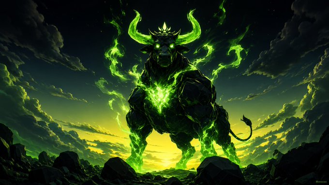 A fantasy illustration of a dark, demonic bull-like creature with glowing green horns and green energy emanating from its chest against a sunset sky.