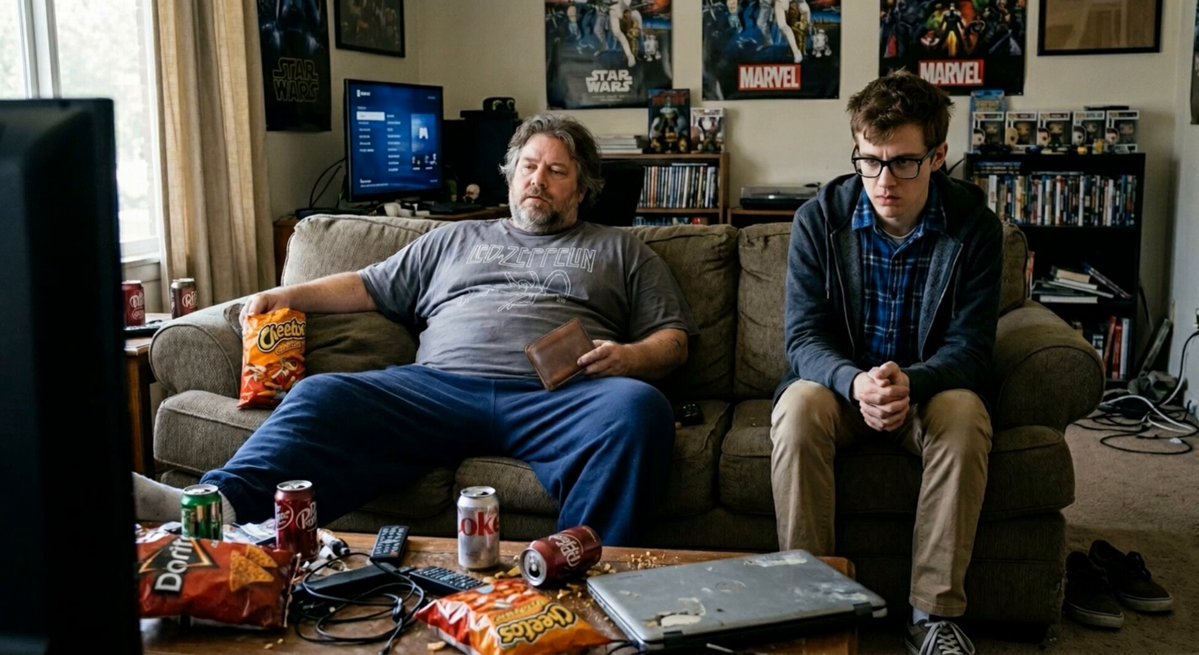 The image shows two men sitting on a couch, with one man holding a bag of chips while watching TV. The other man has his legs crossed and is looking at something off-camera. There are several books scattered around them, suggesting they might be reading or studying together. A laptop can also be seen in the scene, indicating that they may have been working on a project or doing research for their video game.