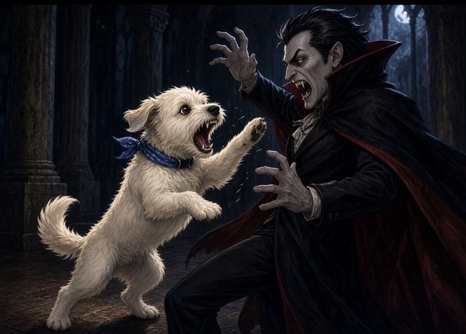 A dramatic illustration depicting a small white dog with a blue bandana fiercely snarling and fighting against a vampire-like figure in a dark castle setting.