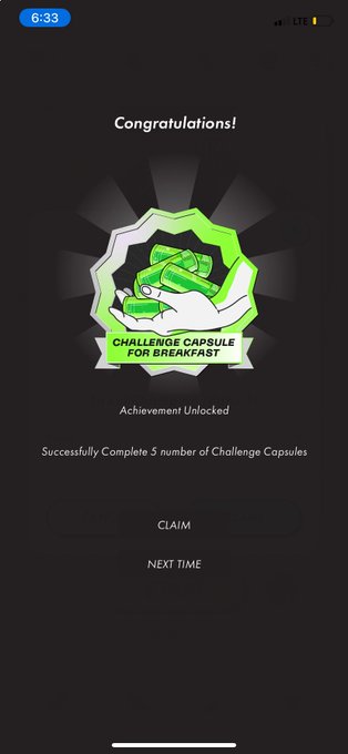 A mobile app achievement screen displaying 'Congratulations! Challenge Capsule for Breakfast Unlocked - Successfully Complete 5 number of Challenge Capsules' with a green capsule graphic.
