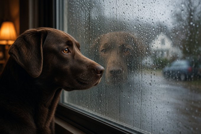 A touching photograph of a chocolate Labrador dog looking out a rain-streaked window, with its reflection visible in the glass and a blurred suburban scene with a lamp and car visible outside.