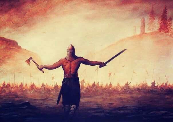 The image features a man dressed as a Viking warrior holding two swords while standing in a field with trees in the background. The painting has an artistic style that includes elements of realism, such as the detailed depiction of the man's attire and the surrounding environment. The artist has also incorporated some abstract elements into the artwork, adding depth and complexity to the overall composition.