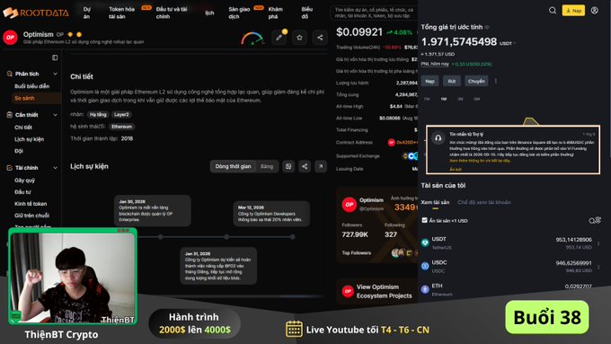 A livestream screenshot of a RootData cryptocurrency page showing Optimism with $0.09921, featuring a small webcam view of the streamer in the corner.