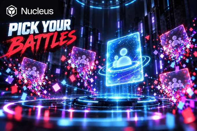 A vibrant, futuristic gaming promotional graphic for 'Nucleus' features the text 'PICK YOUR BATTLES' alongside glowing digital cards with user profile icons.