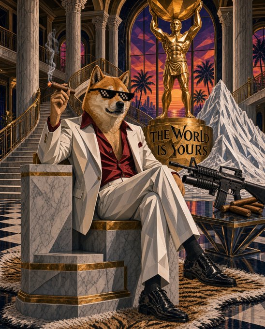 A stylized luxury illustration depicts a dog-headed figure in a white suit smoking beside a rifle and ammunition, with a golden statue holding a bowl and the pedestal text “THE WORLD IS YOURS.”