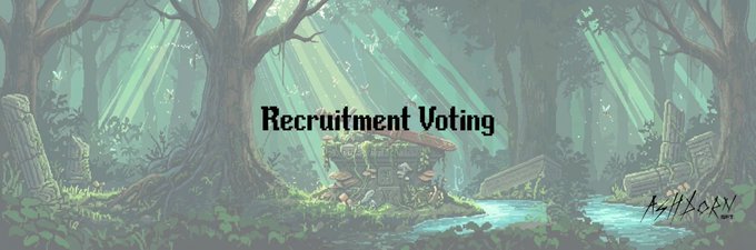 A fantasy forest scene with ancient ruins and a shrine, overlaid with the text "Recruitment Voting" and signed "MIKORY".