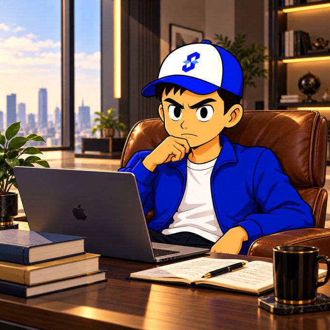 A cartoon-style illustration of a young man in a blue jacket and blue cap working intently on an Apple laptop at a desk with books and a city view.