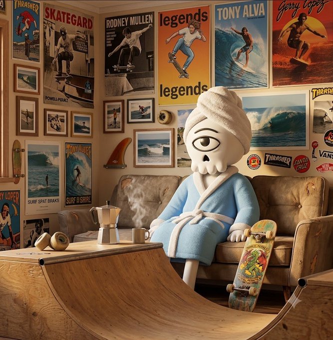 An AI-generated image of a skeleton character in a bathrobe and towel sitting on a couch in a room filled with skateboarding and surfing posters, with a skateboard and halfpipe ramp in the foreground.