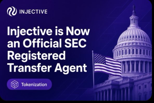 An announcement graphic for Injective reading 'Injective is Now an Official SEC Registered Transfer Agent' with a 'Tokenization' badge, set against an image of the U.S. Capitol building.