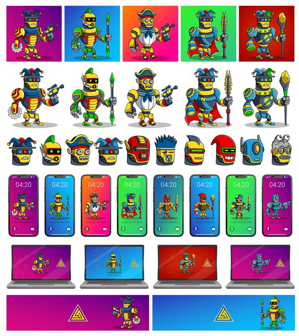 A grid showcasing various colorful cartoon robot character designs holding weapons, displayed as icons, on phones with '04:20' lock screens, and as laptop screensavers.
