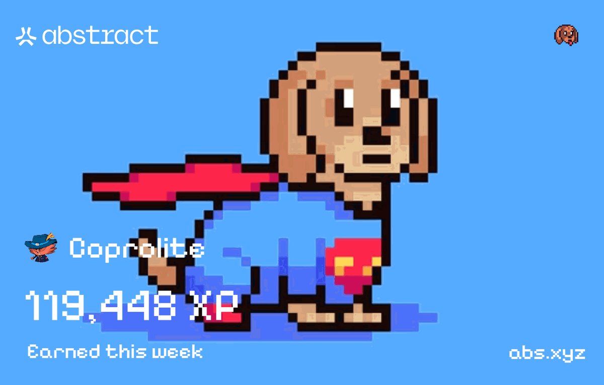 The image features a cartoon dog wearing a blue shirt with a red cape and the word "Superman" written on it, standing against a blue background. The text at the bottom of the image reads "Gmabs! I just earned 119,448 XP on @AbstractChain!".