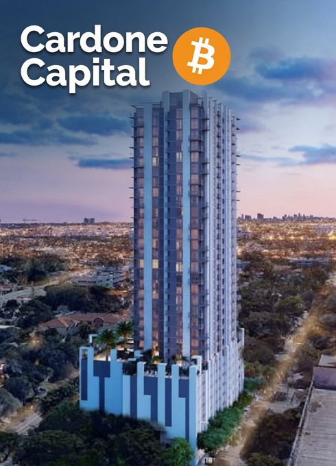 A promotional image for Cardone Capital featuring a Bitcoin logo, showcasing a tall high-rise building in Ft. Lauderdale with city views at dusk, visually tying the firm's new 350 BTC real estate acquisition to its expanding property portfolio.