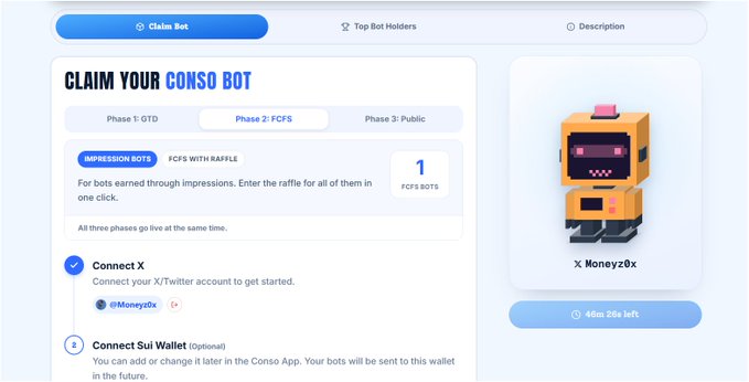 A “CLAIM BOT” interface shows Phase 2: FCFS, “1 FCFS BOTS,” connection steps for X and an optional Sui Wallet, and a countdown reading “44m 28s left.”