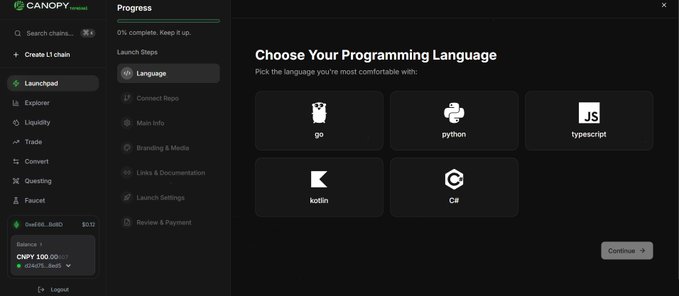 The image shows a Canopy launchpad setup screen asking users to "Choose Your Programming Language" with options including Go, Python, TypeScript, Kotlin, and C#. This relates to the post about Canopy Network's focus on projects having their own purpose-built L1 chains ("Why not have its own"), as the launchpad is a tool for users to launch and customize their own blockchain networks.
