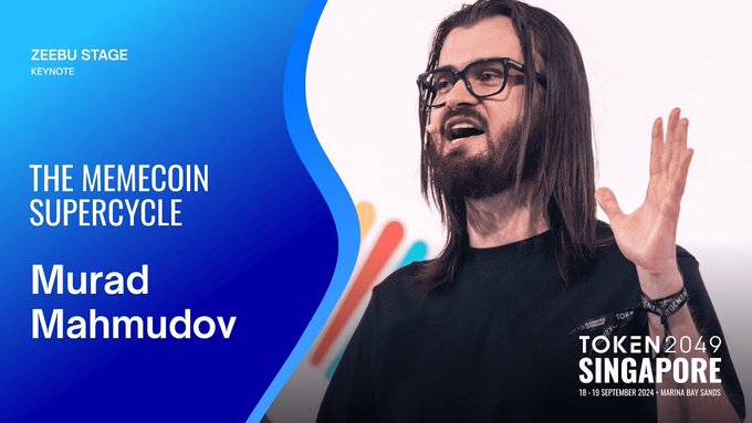 A promotional graphic for 'THE MEMECOIN SUPERCYCLE' keynote by Murad Mahmudov at Token 2049 Singapore (18-19 September 2024, Marina Bay Sands) on the ZEEBU STAGE.