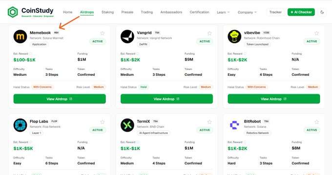 The image displays the CoinStudy airdrops page, with a red arrow highlighting the **MemeBook** airdrop card, which shows an estimated reward of **$100-$1K**, a $1M seed round, medium difficulty, and a 3-step task list. This matches the post's announcement about MemeBook raising $1 million in its seed round and being available to join via the CoinStudy platform.