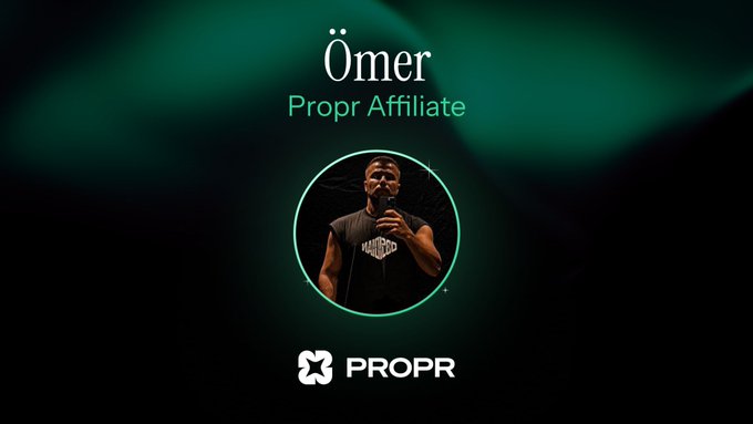 The image features a profile card with the name "Ömer" and the title "Propr Affiliate" displayed at the top, alongside a circular photo of a man holding a microphone. The "PROPR" logo appears at the bottom, promoting the decentralized prop trading firm mentioned in the accompanying post.