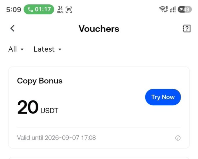 A mobile app screen showing a Vouchers section with a 'Copy Bonus' of 20 USDT available to claim, valid until 2026-09-07 17:08.