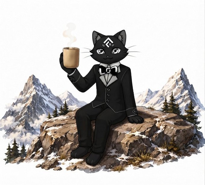 An illustrated anthropomorphic black cat in a formal suit and bow tie sits on a rocky mountain peak, holding a steaming mug.