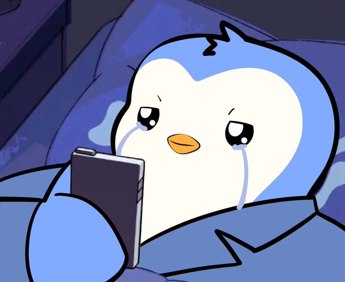 The image shows a cartoon penguin holding a cellphone up, looking at the screen with a sad expression. The background includes a bed with a blanket and a nightstand next to it, as well as other elements such as a chair. The caption provides context about web3 and its relevance to the current situation.