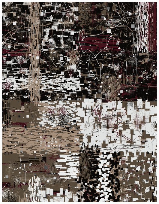 An abstract digital art piece composed of pixelated blocks in black, white, brown, and red tones, with chaotic thin white scribbled lines overlaid across the composition.