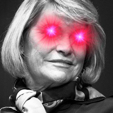A black-and-white portrait of Senator Cynthia Lummis with glowing red "laser eyes" edited over her face, a meme format often used to signal aggressive or determined conviction—visually emphasizing her urgent push for digital asset legislation.